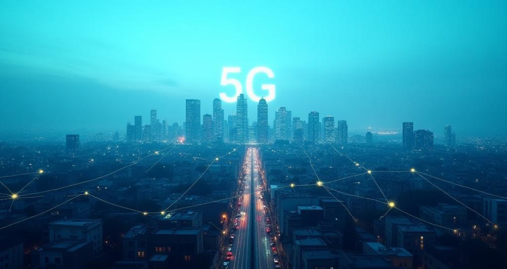 Modern Italian city skyline with 5G network overlay.